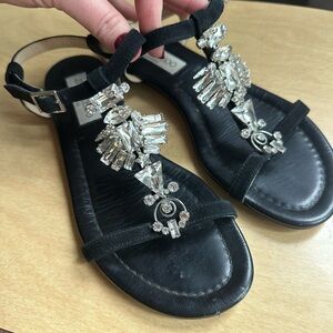 Jimmy Choo Black Suede Crystal Embellished Flat Sandals Size 37.5